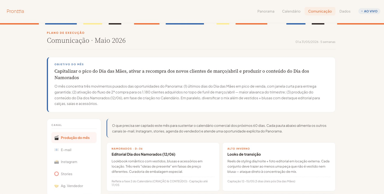 Plano de execução de comunicação mensal da Pronttia, com objetivo do mês e pautas por canal